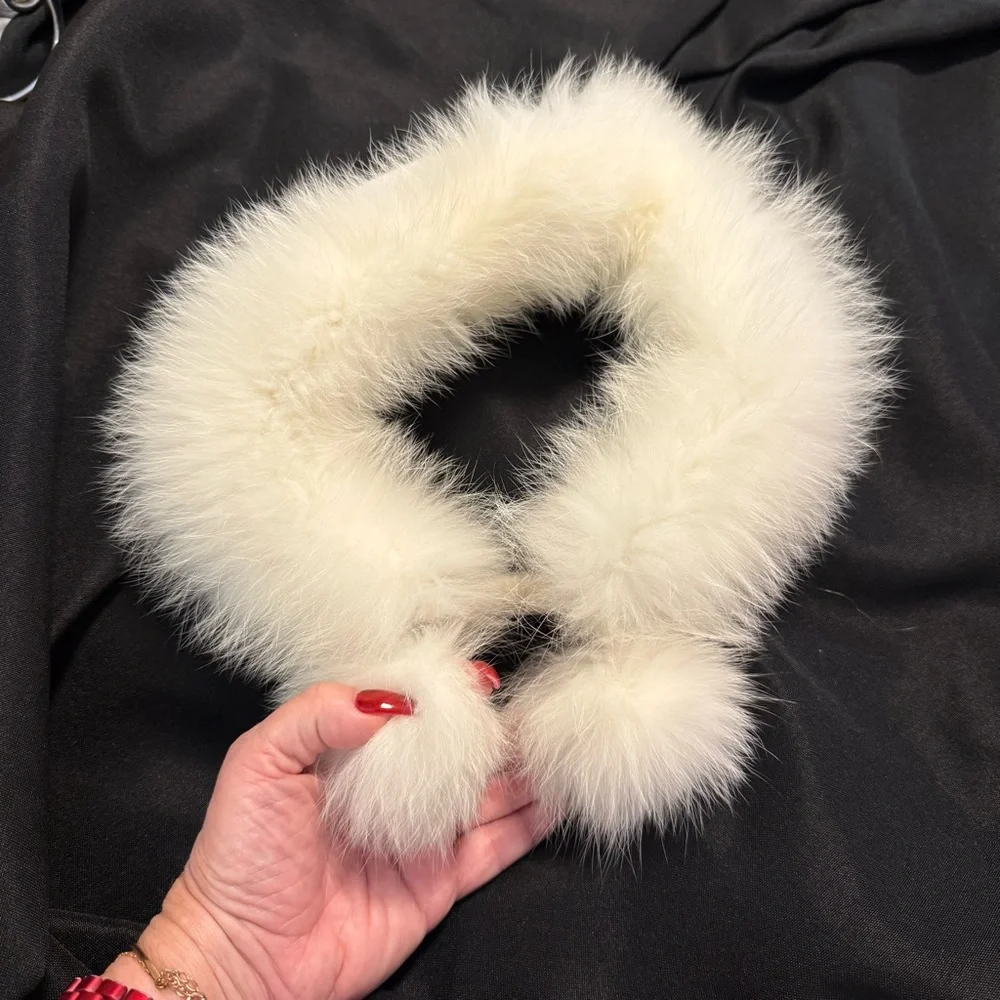 Vintage Real Fur &‎ Leather Snow Bunny Visor Hat Pom Poms White Ski Glam